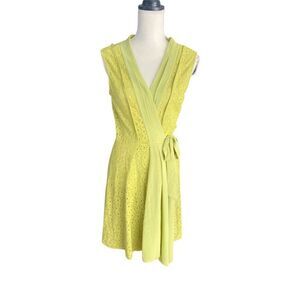 Esley Women's Lime Green Eyelet Sleeveless Wrap Dress Size L Knee Length